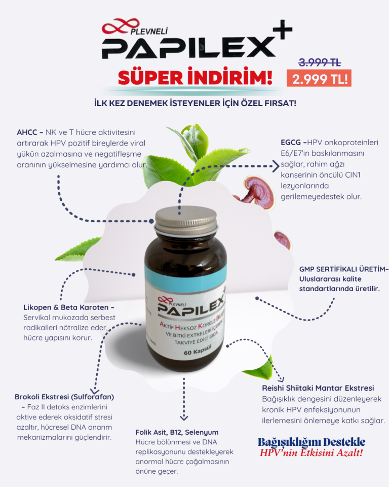 AHCC, EGCG ve Bitki Ekstreleri İçeren Takviye Edici Gıda Papillex+, 60 Kapsül
