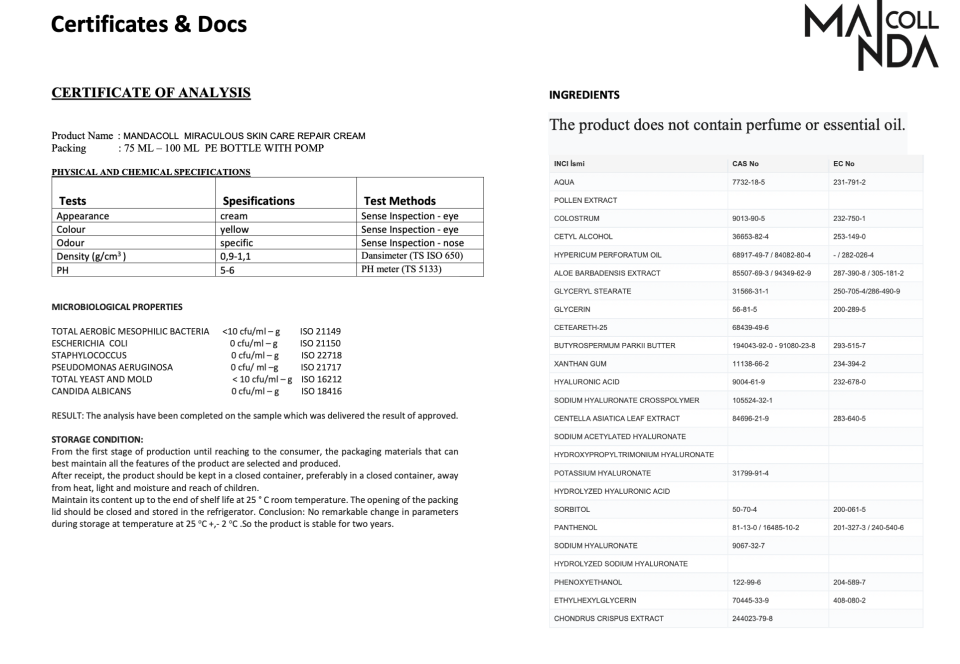 MandaColl Onarıcı Cilt Bakım Kremi – Manda Colostrumu, Polen, Hyalüronik Asit, Centella, Shea – 75 ml